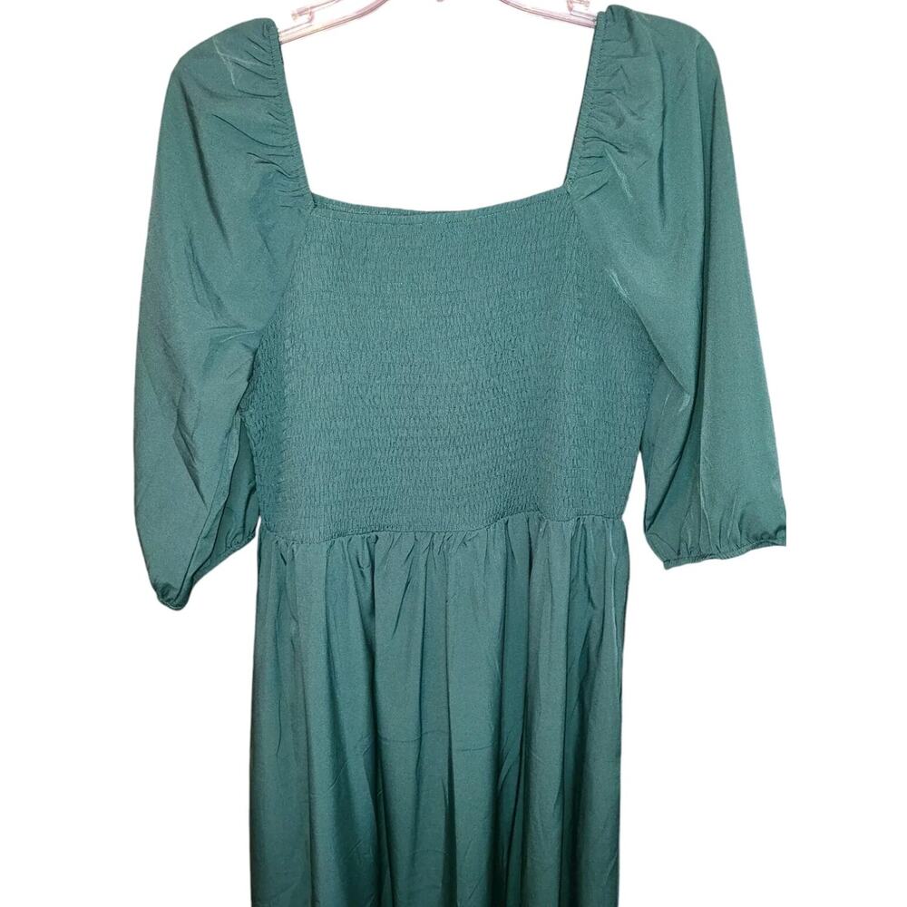 Milkmaid Peasant Smocked Ruffle Emerald Green Midi Dress Size 12 LG Cottagecore - Picture 4 of 7